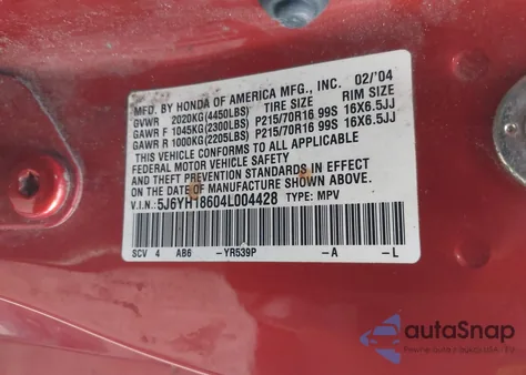 2004 Honda Element Ex z USA, uszkodzony, nr VIN 5J6YH18604L004428